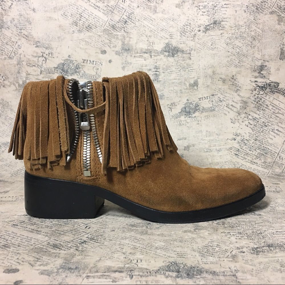 3.1 Phillip Lim Alexa Fringe Suede Ankle Boots Black Leather Trim Designer
